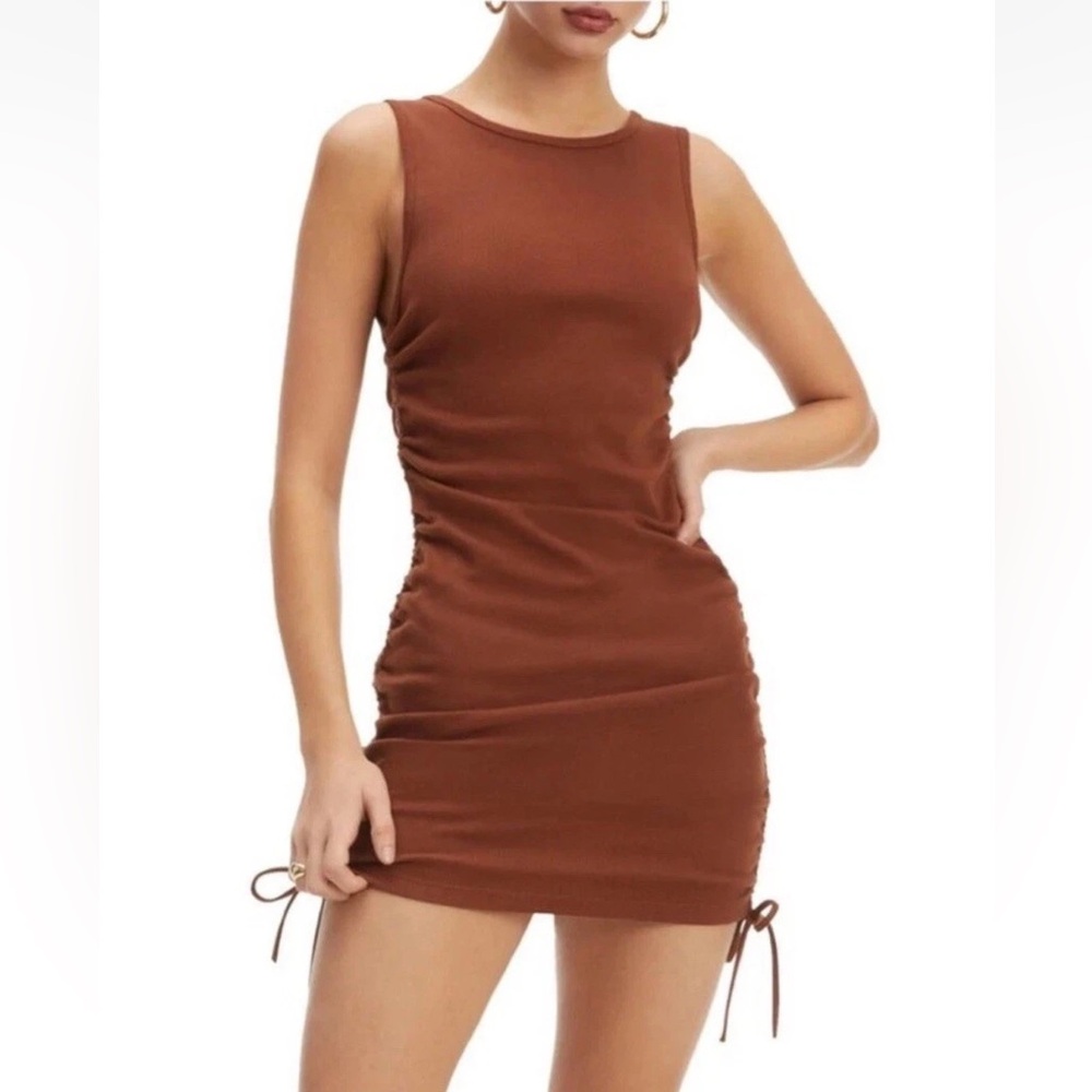 NWT Good American Ruched Tank Mini Ribbed Dress Tortoise Brown Size 1 Small